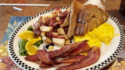 A plate of bacon and eggs