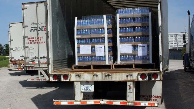 Cases of bottled water loaded on a truck