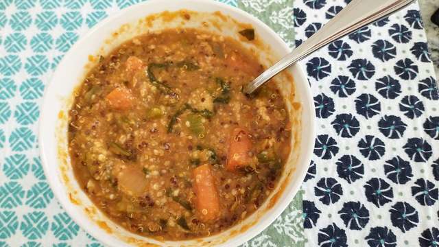 A bowl of lentil soup. Soups and stews warm evenly